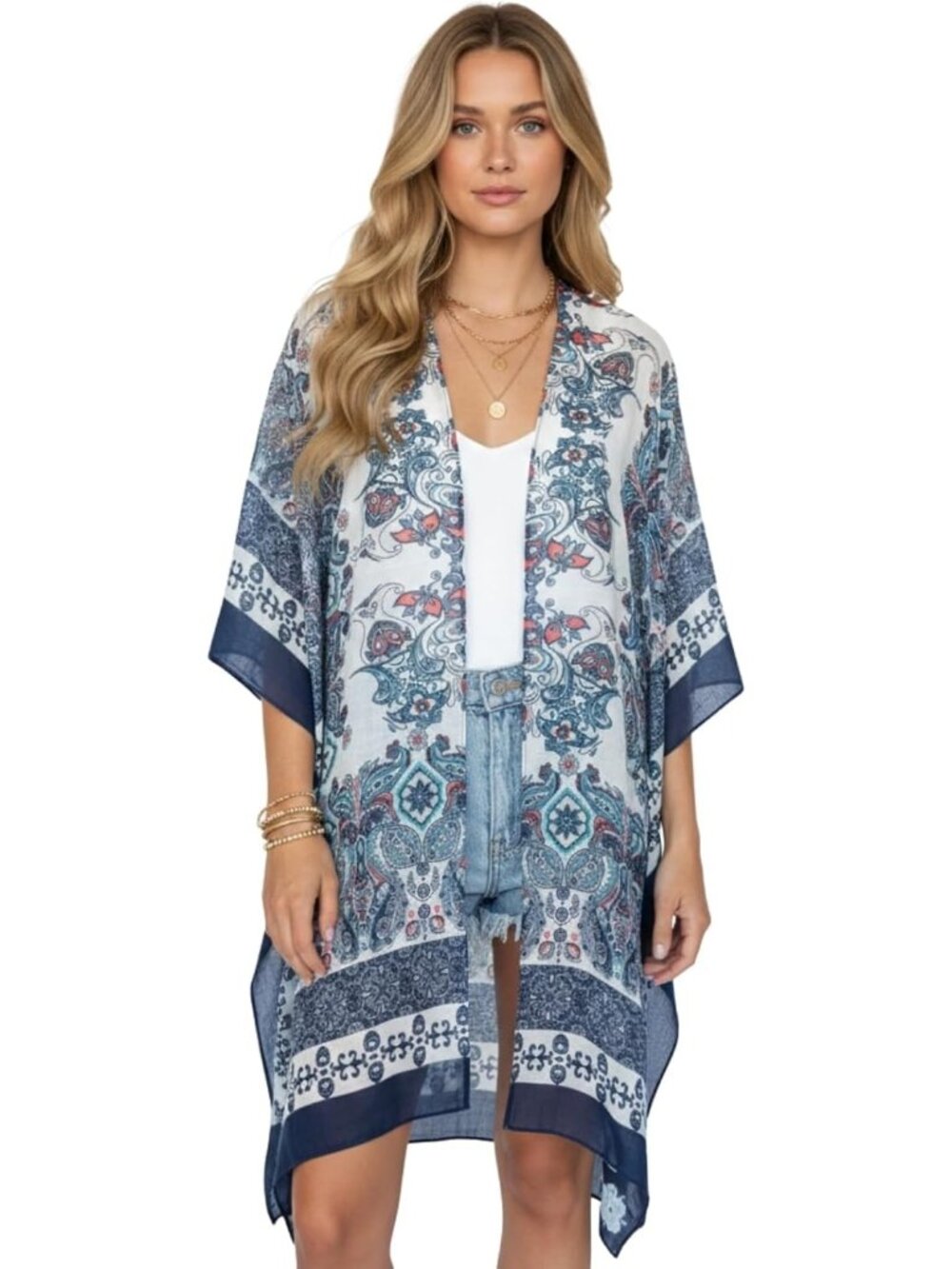 Women Rz Navy Mirage Viscose Summer Lightweight Boho Kimono Cardigan Cover up